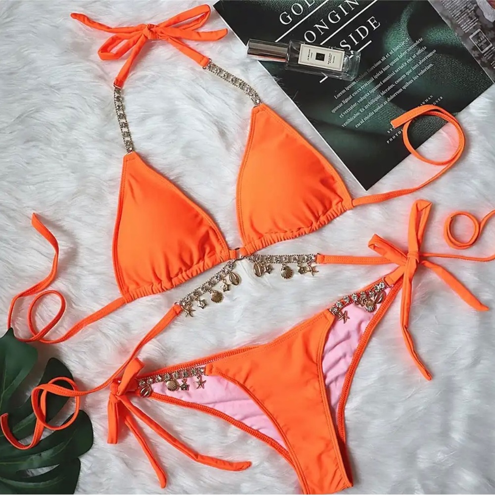 🧡Orange Crystal Seashell Bikini Set🐚🧜‍♀️